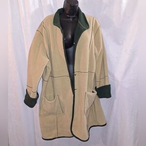 Tan and Green Cozy Coat with Stand-Up Collar